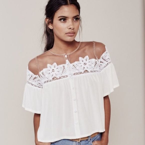 For Love And Lemons Tops - FOR LOVE & LEMONS White Lace Mesh Carmine Blouse L